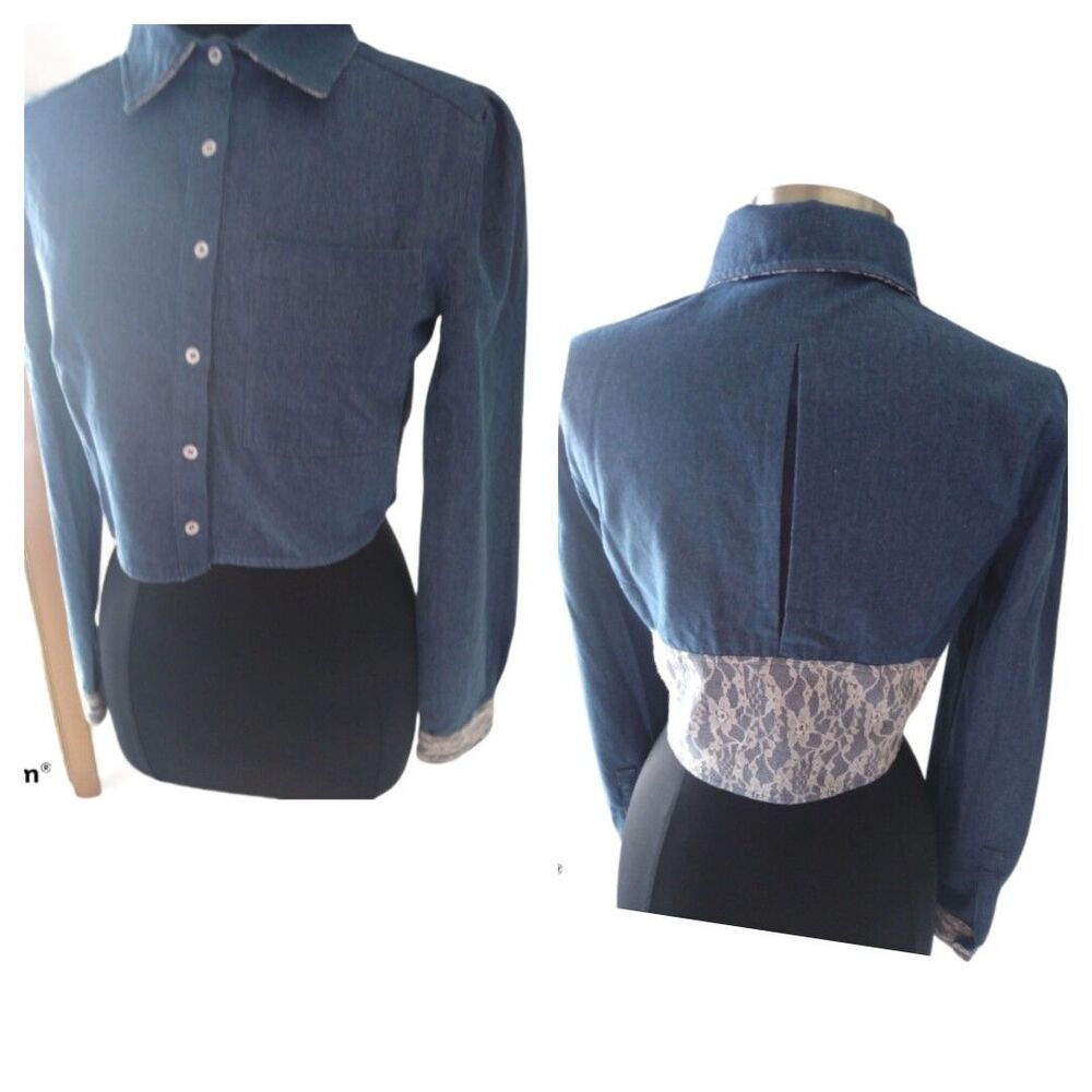 En Creme Women's Denim and Lace Button Up Cropped Shirt Size Small